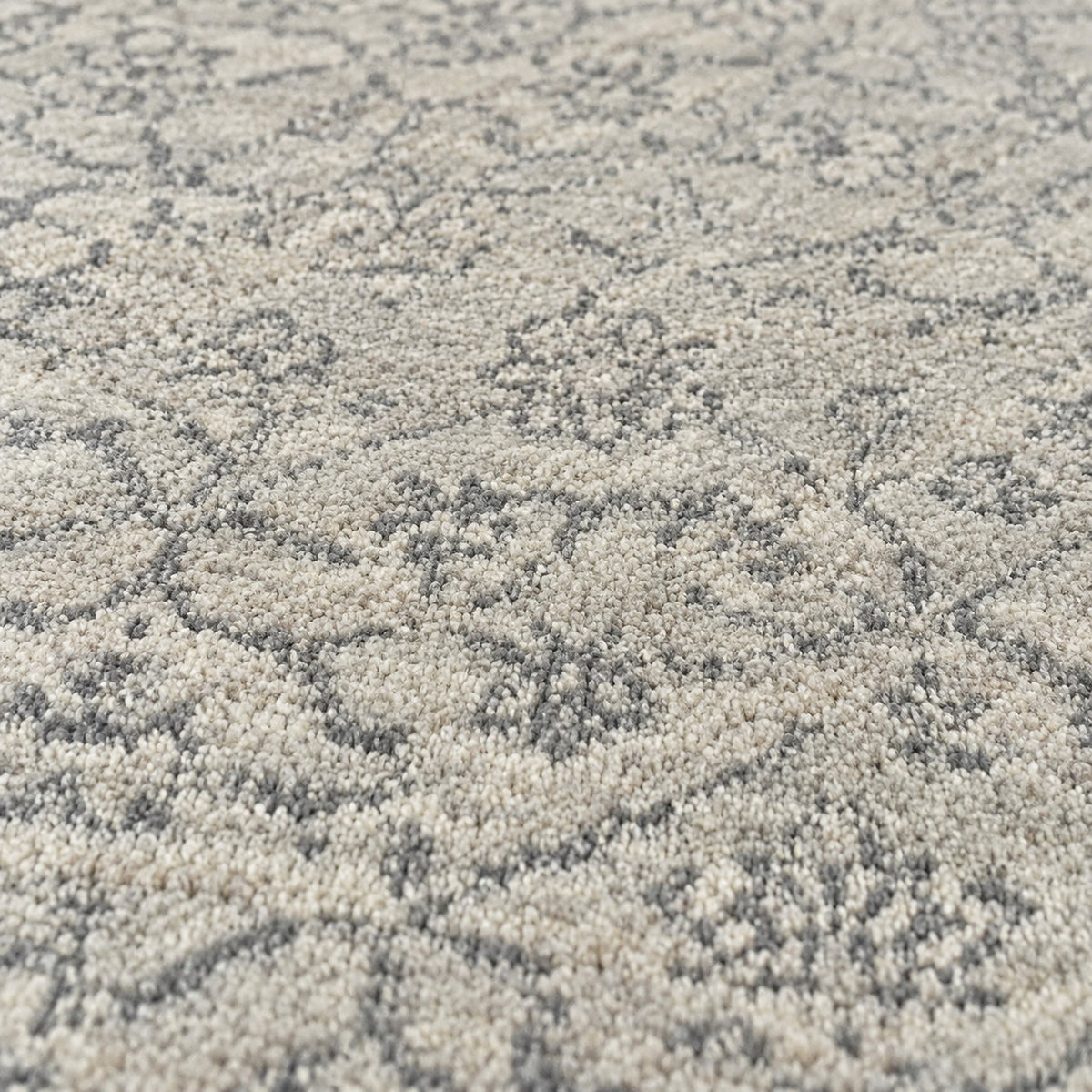 Gray Silver Floral Traditional Faded Color Hand Knotted Rug, close up of the texture