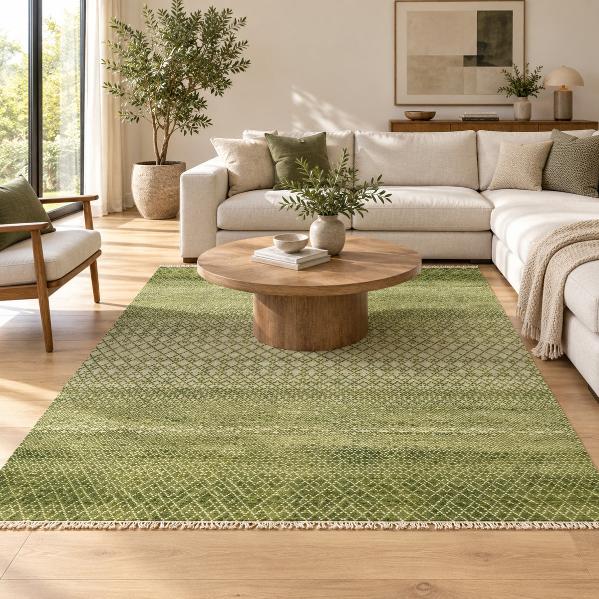 Green Bedroom Area Geometric Rug in a living room