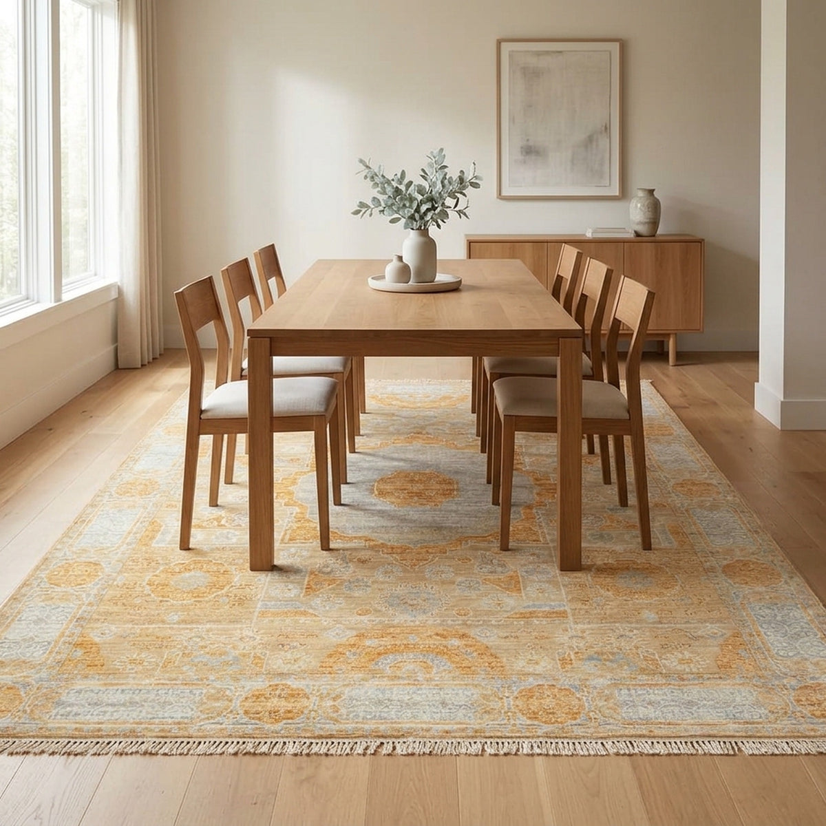 Hand-Knotted Mamluk Pastel colors Rug in a dining room