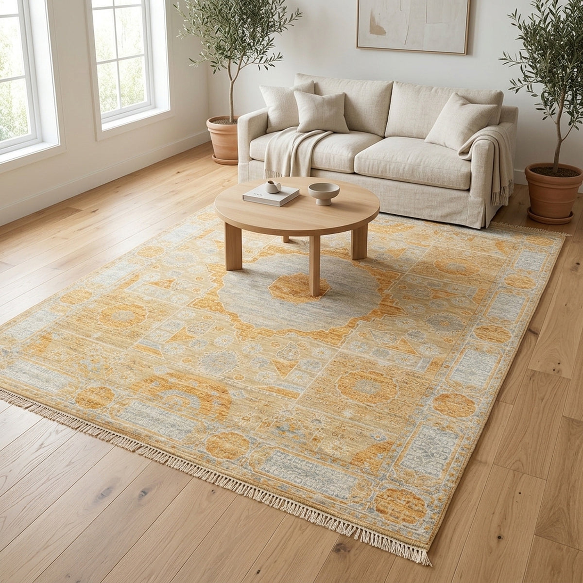 Hand-Knotted Mamluk Pastel colors Rug in a living room