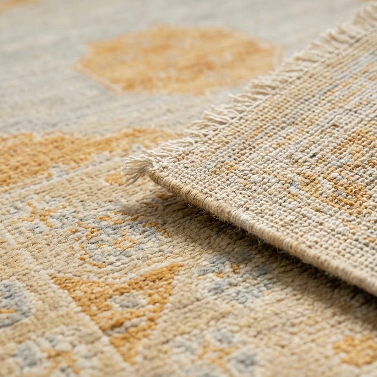 Hand-Knotted Mamluk Pastel colors Rug, folded corner showing the back