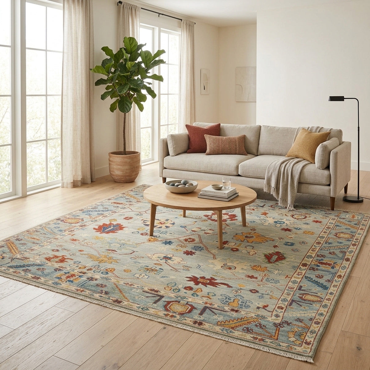 Hand-Knotted Oushak Rug in a living room