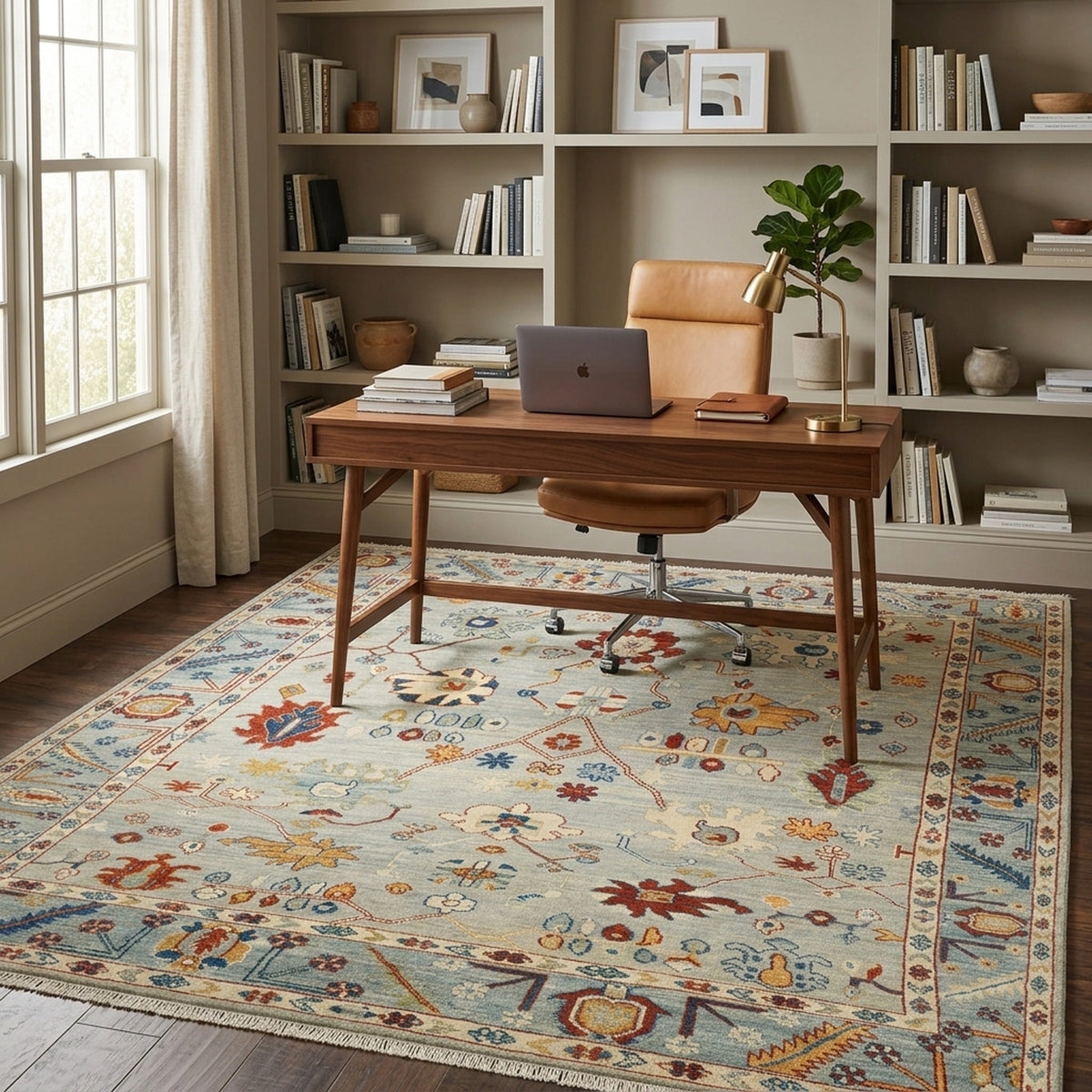 Hand-Knotted Oushak Rug in a home office