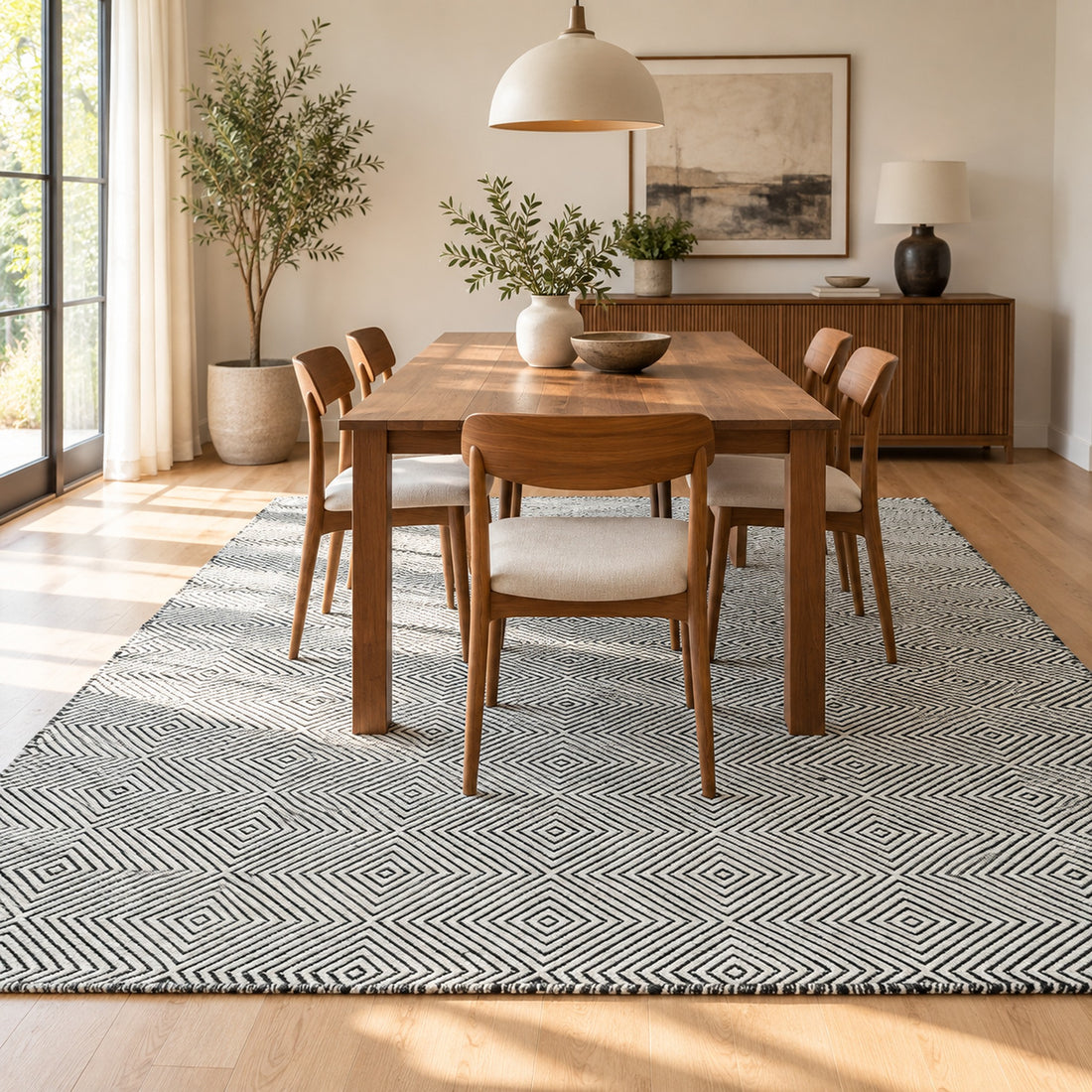 Hand Woven Diamond Textured Rug, full view on a white background