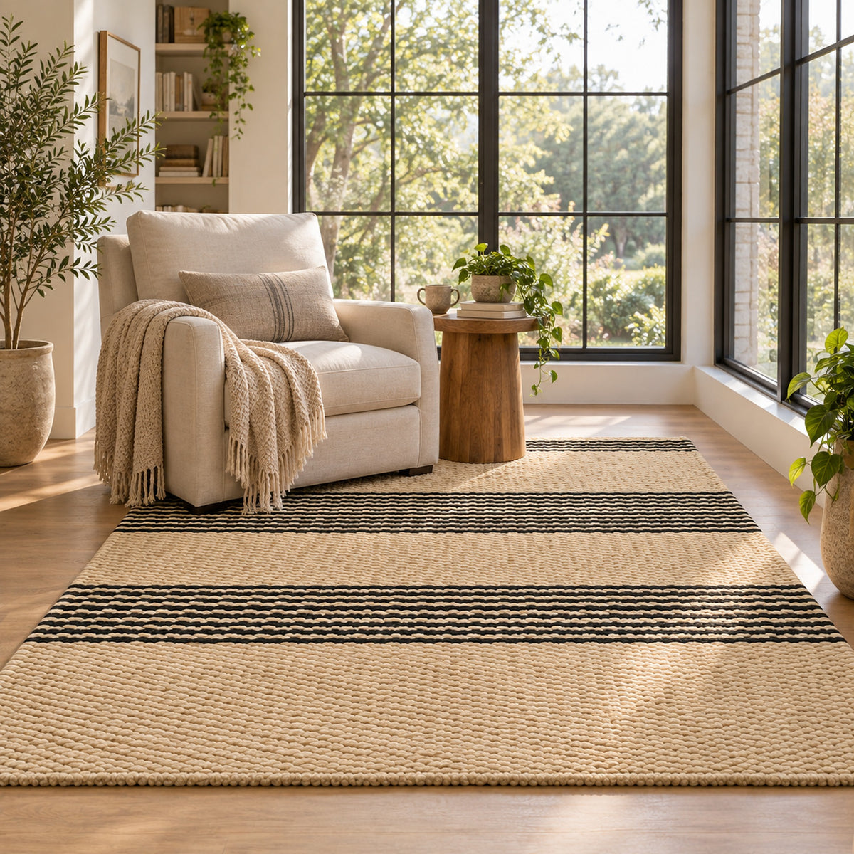 Handwoven Natural Jute Rug - Eco-Friendly & Durable in a reading nook
