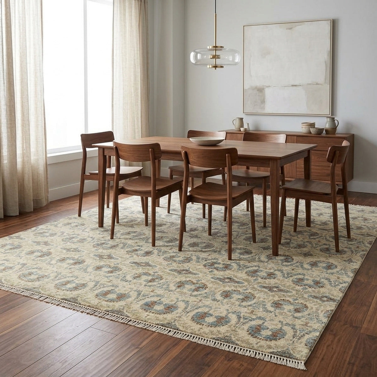 Ikat Traditional Floral Handmade Rug in a dining room