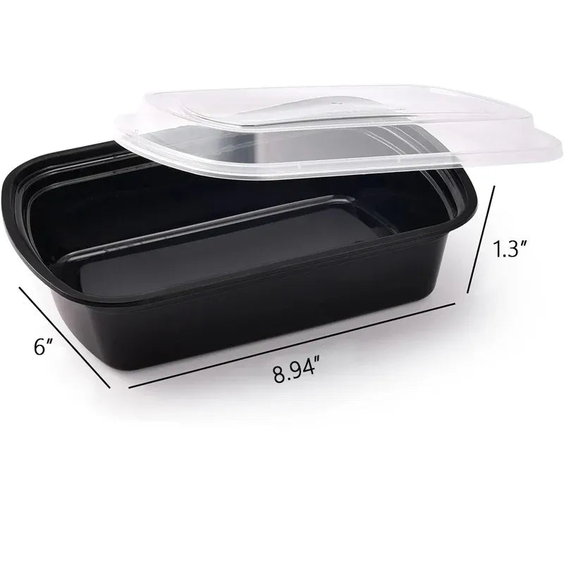 24 oz Black Rectangular Microwavable Heavy-Duty Plastic Food Containers with Lids - 150/Case