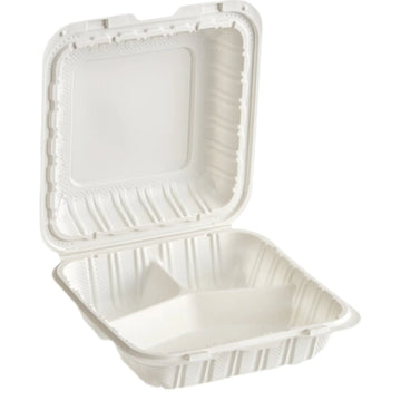 8" x 8" Microwaveable Plastic Hinged Take-Out Container – White, 3 Compartments, 150/Case