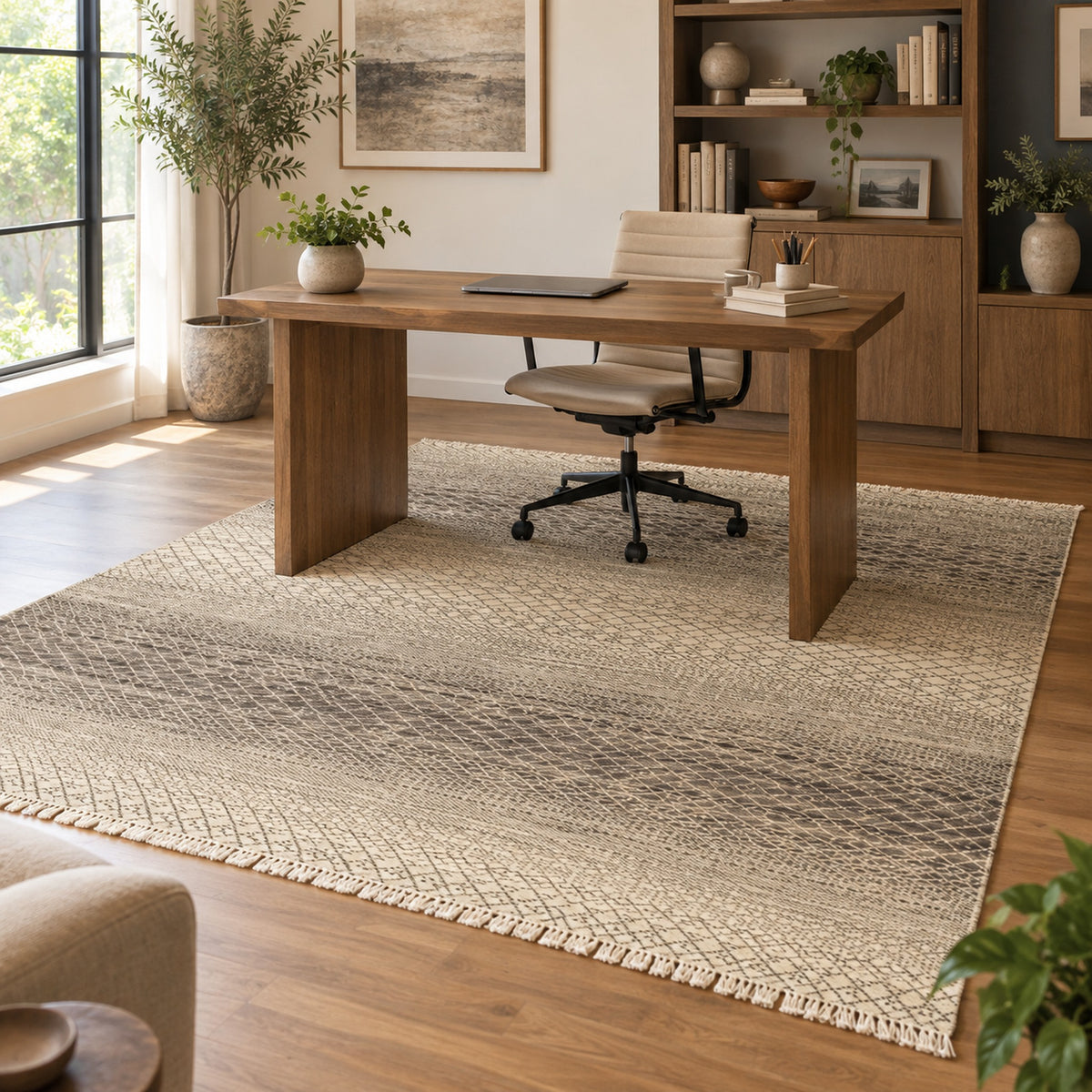 Indian Geometric Gabbeh Beige Brown Area Rug in a home office