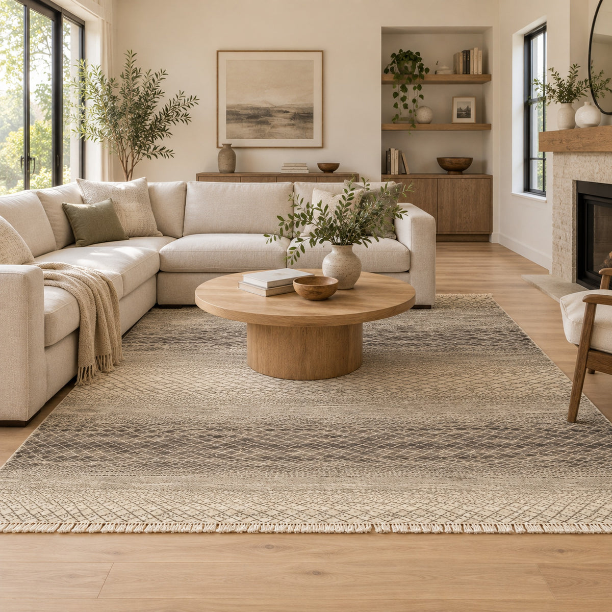 Indian Geometric Gabbeh Beige Brown Area Rug in a living room