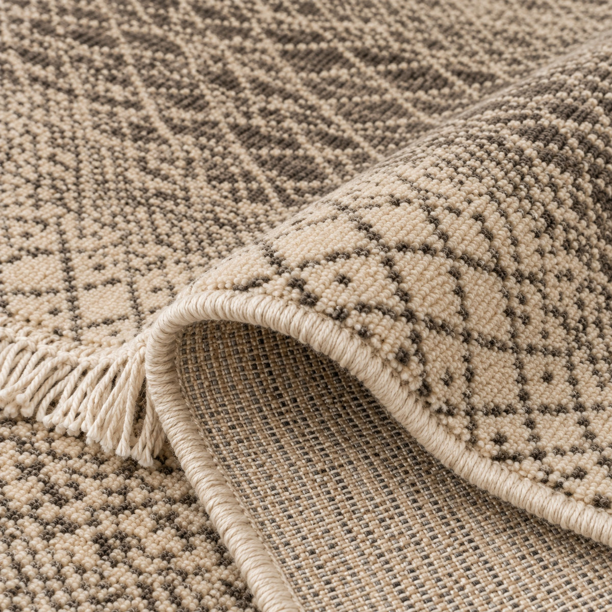 Indian Geometric Gabbeh Beige Brown Area Rug, folded corner showing the back