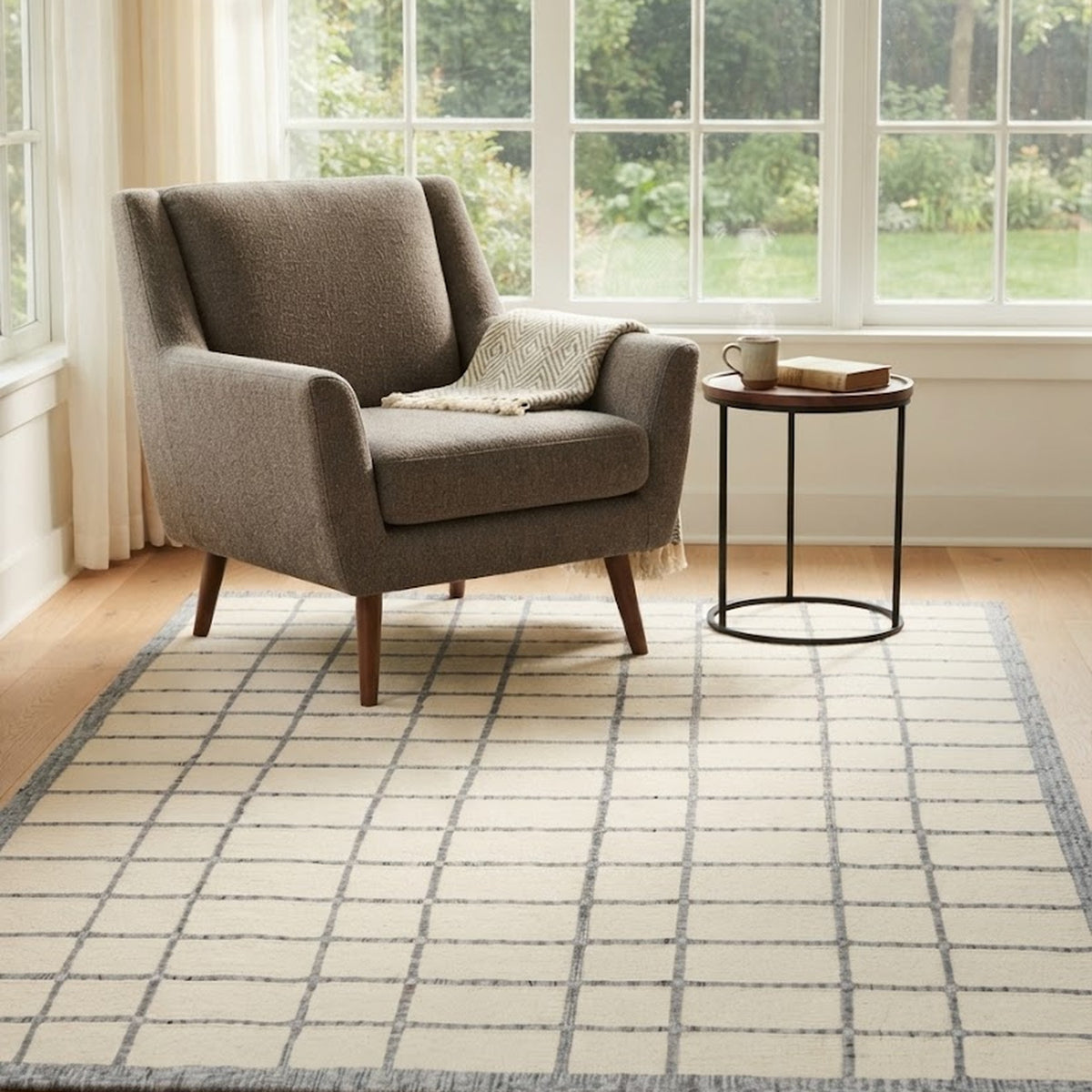 Ivory Grey Hand Loom Rug in a reading nook