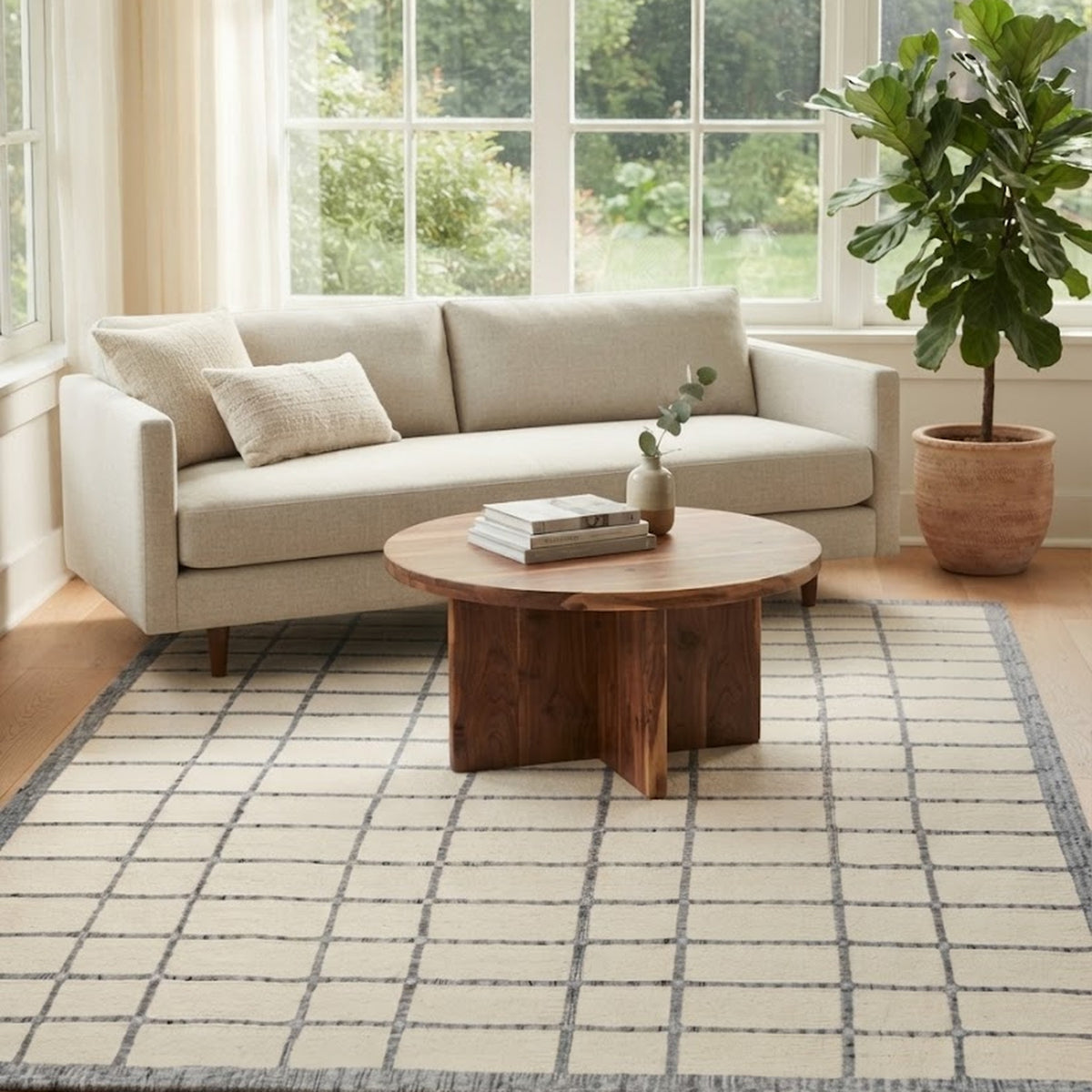 Ivory Grey Hand Loom Rug in a living room