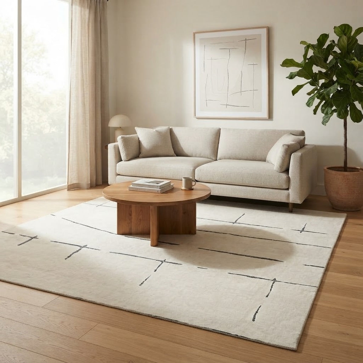 Ivory Stramlined Rug in a living room