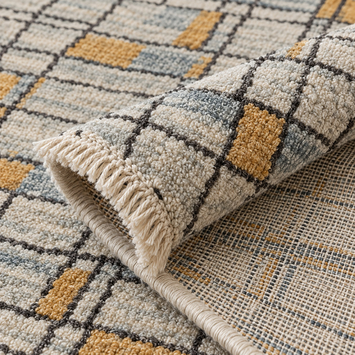 Kaemon Area rug by Shritija Rugs, folded corner showing the back