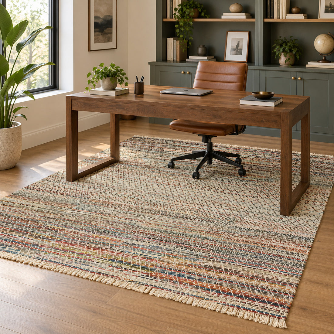 Kantha Colorful Geometric Handmade Rug, full view on a white background