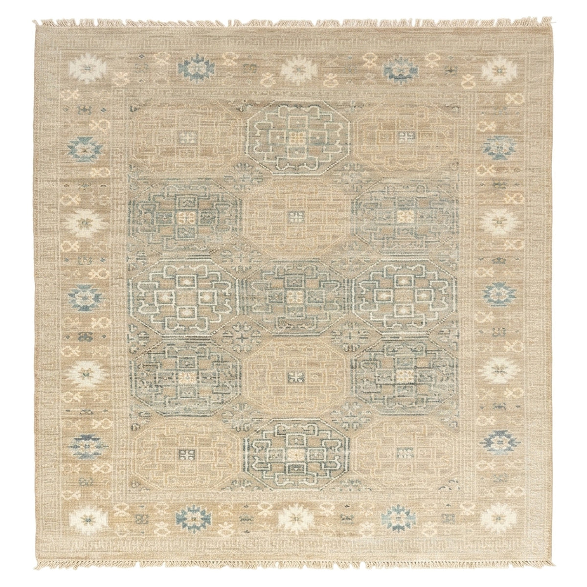 Khotan Faded Ivory Turkish Hand knotted Rug, full view on a white background
