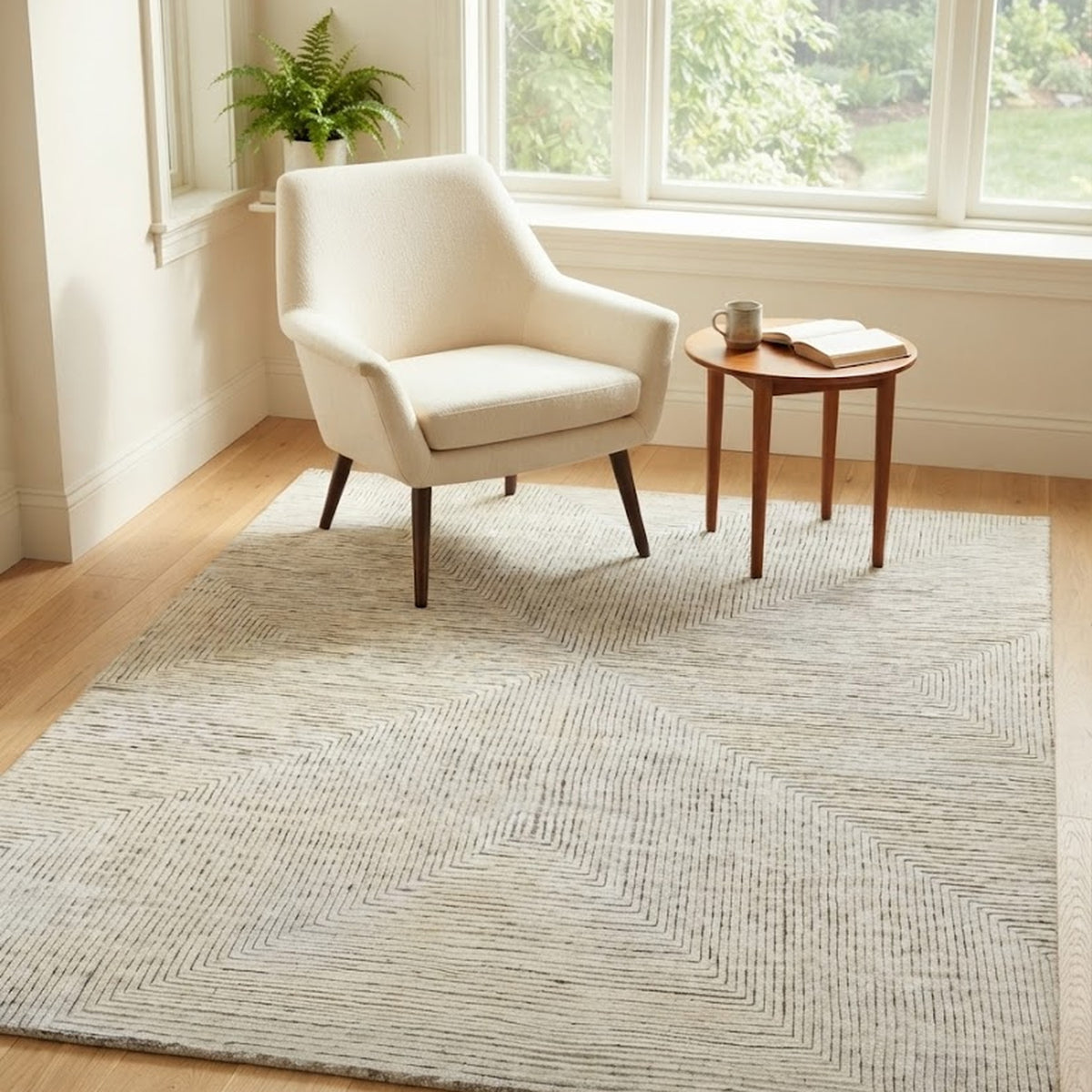 Linear ivory striped rug in a reading nook