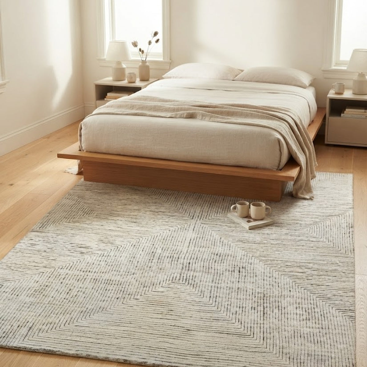 Linear ivory striped rug in a bedroom