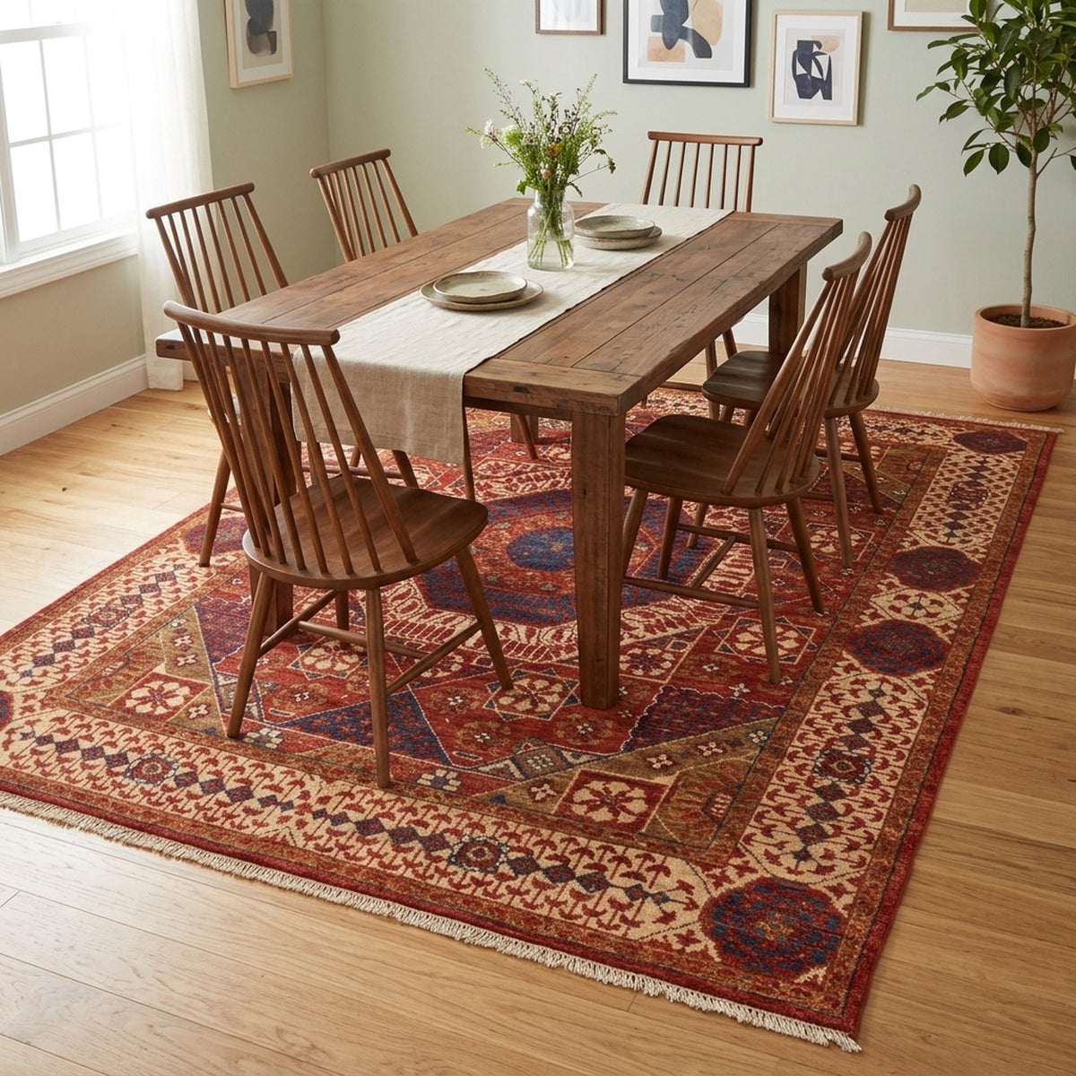 Luxurious Hand-Knotted Mamluk Rug for Chic Interiors in a dining room