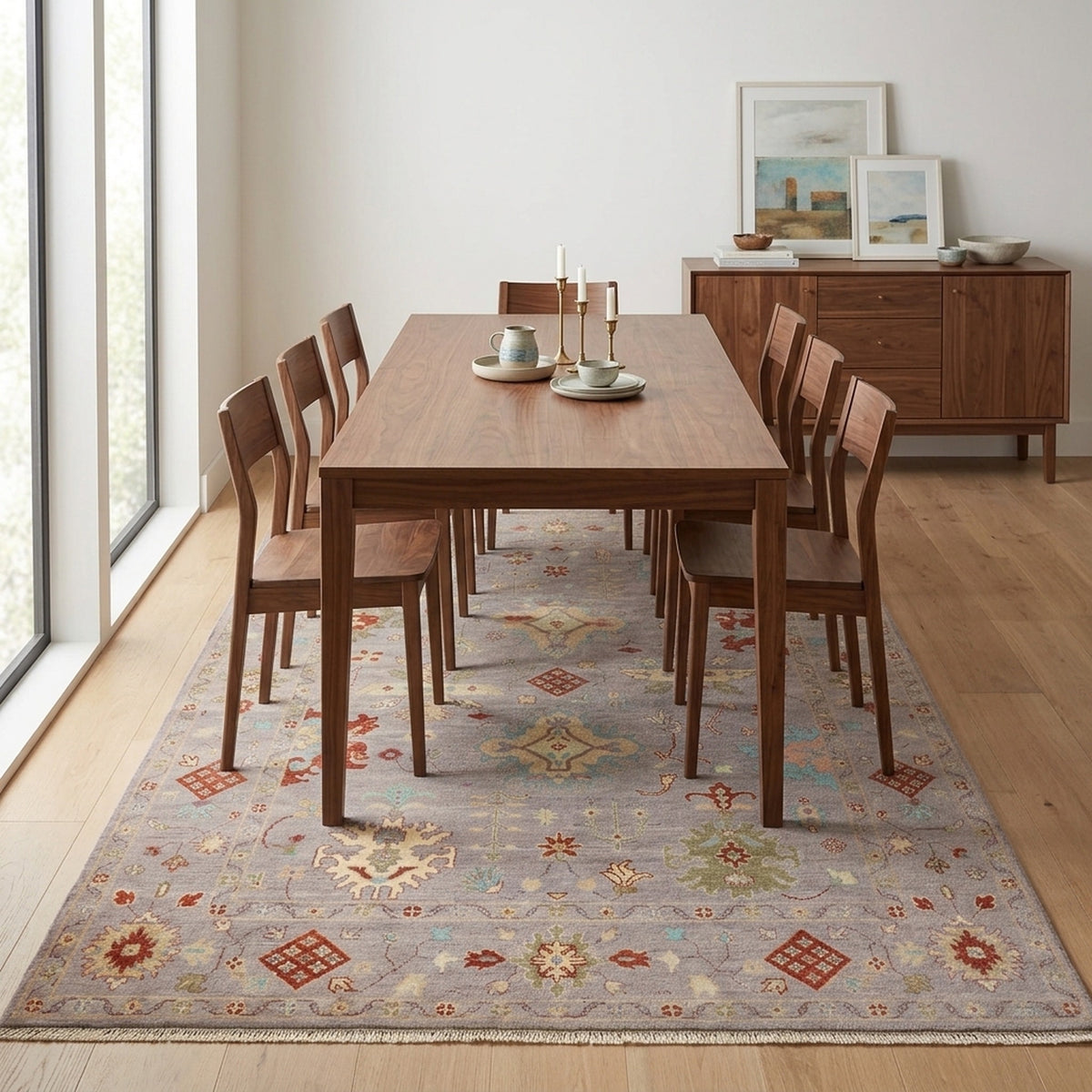 Luxurious Hand-Knotted Oushak Rug in a dining room