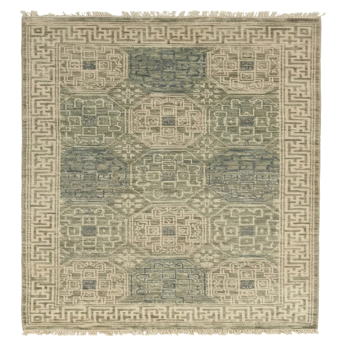 Mamluk Grey Ivory Vintage Hand knotted Rug, full view on a white background