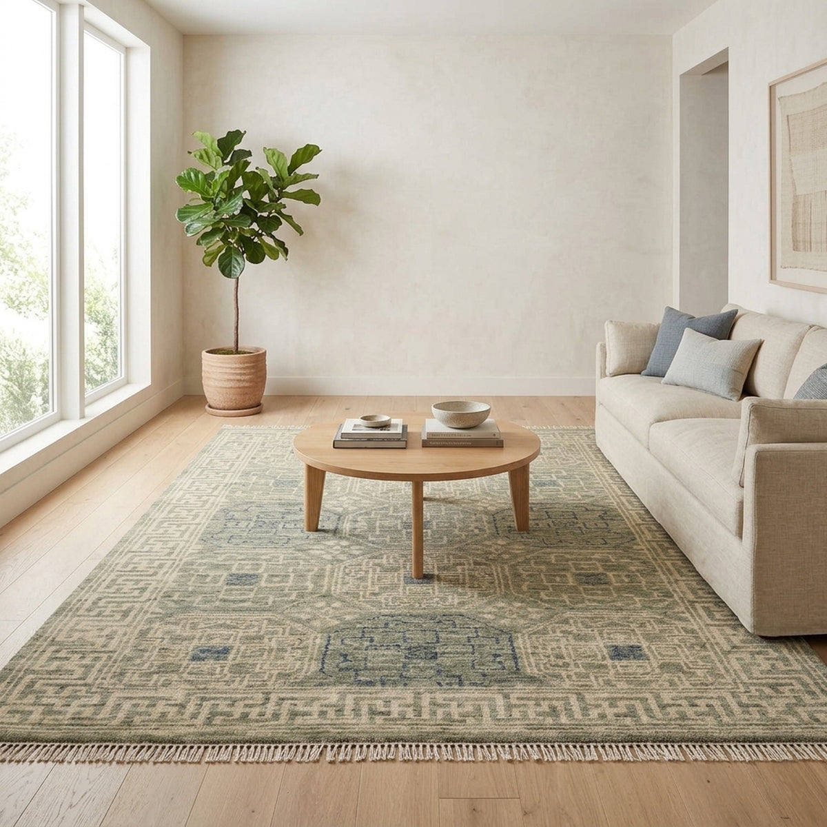 Mamluk Grey Ivory Vintage Hand knotted Rug in a living room