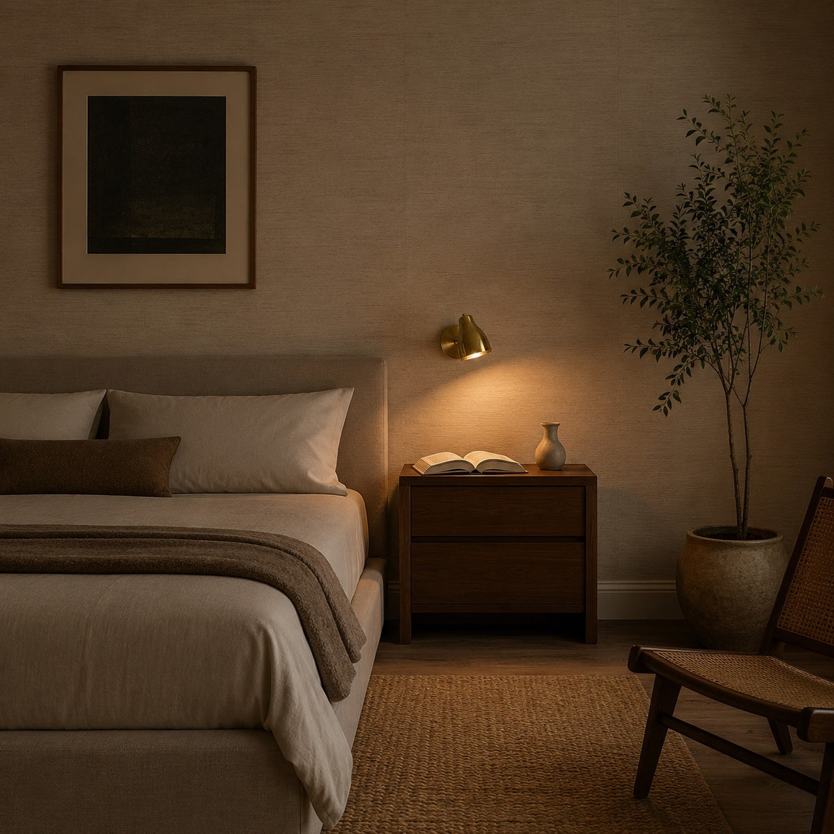 Mid-Century Modern Brass Wall Sconce – One-Light Fixture in a room