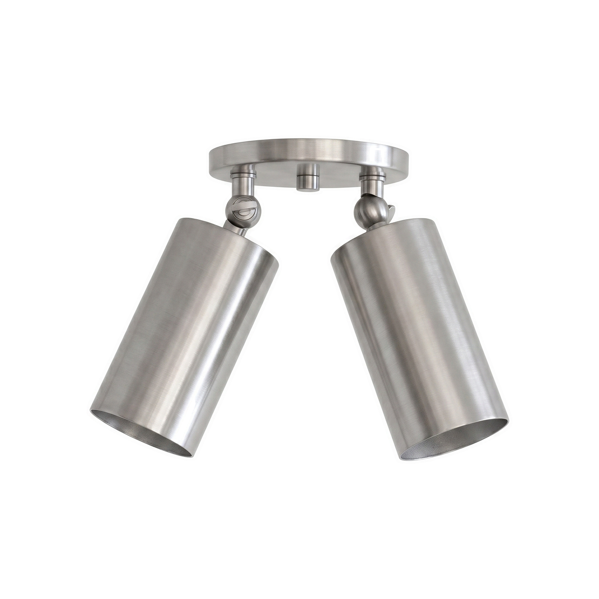 Mid-Century Wall Sconce, 1950s Italian style brass twin-spot light fixture in Brushed Chrome, on a white background