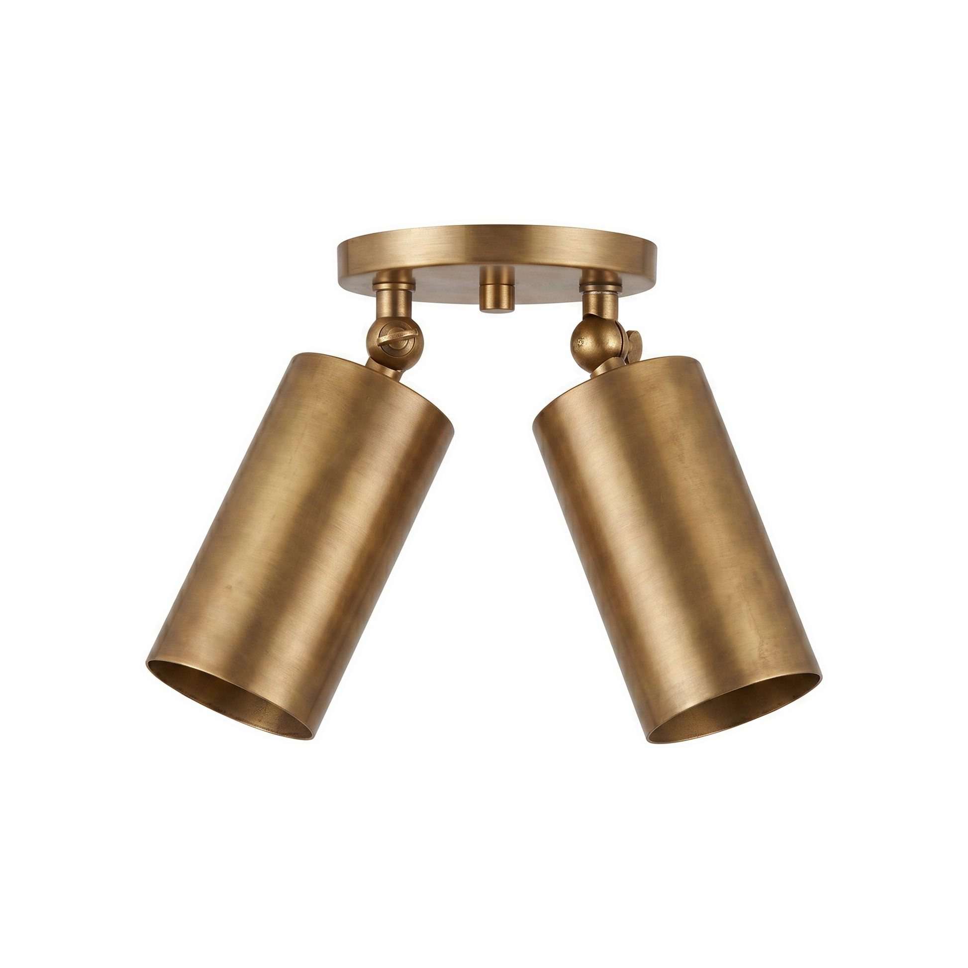 Mid-Century Wall Sconce, 1950s Italian style brass twin-spot light fixture in Raw Brass, on a white background