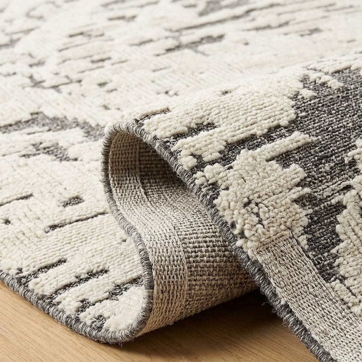 Minimalist Pattern Rug, folded corner showing the back