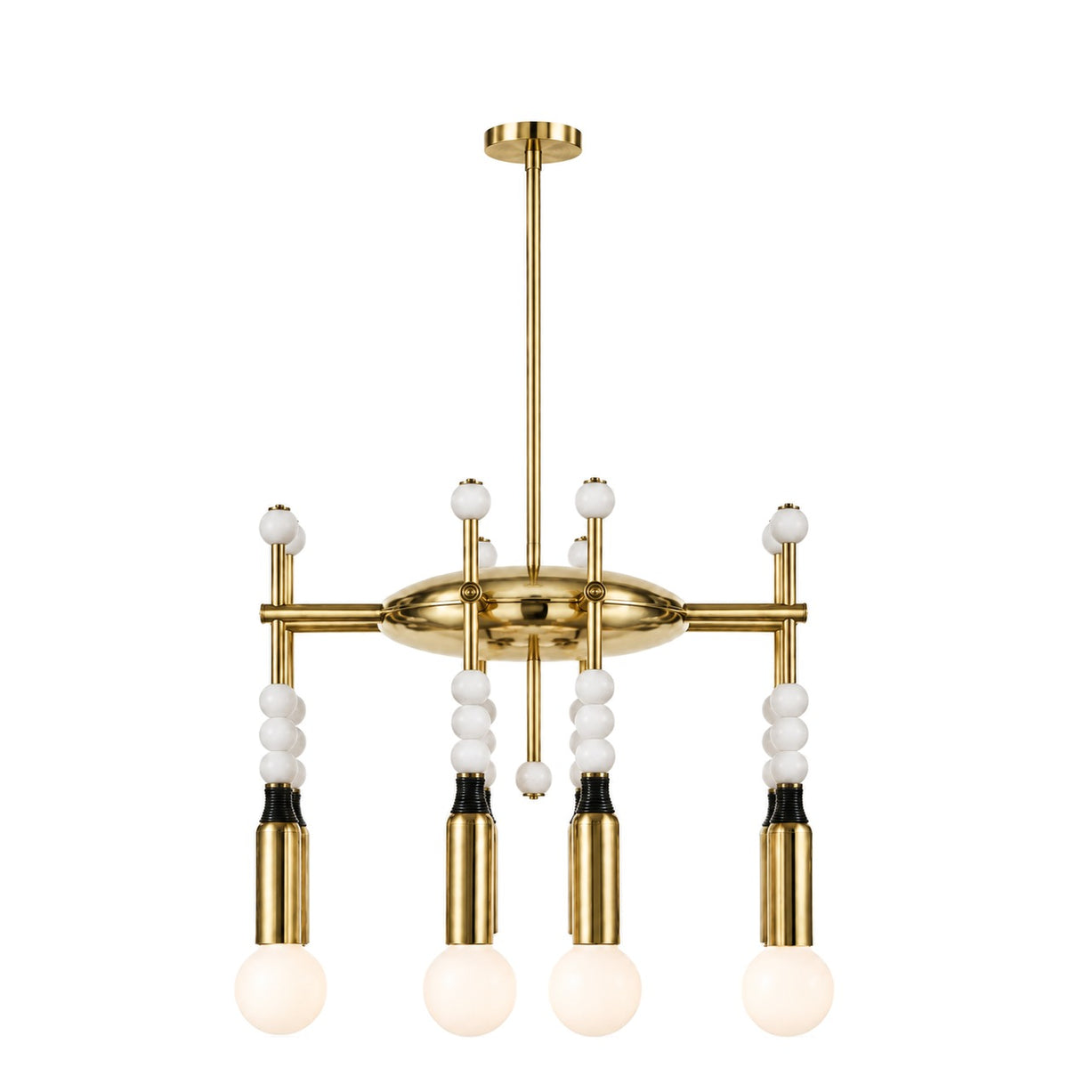 Modern 4-Light Sputnik Chandelier with Marble and Leather in polished brass