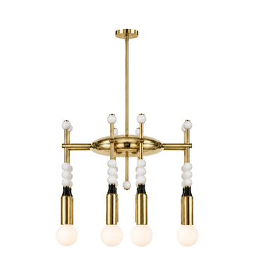 Modern 4-Light Sputnik Chandelier with Marble and Leather in polished brass