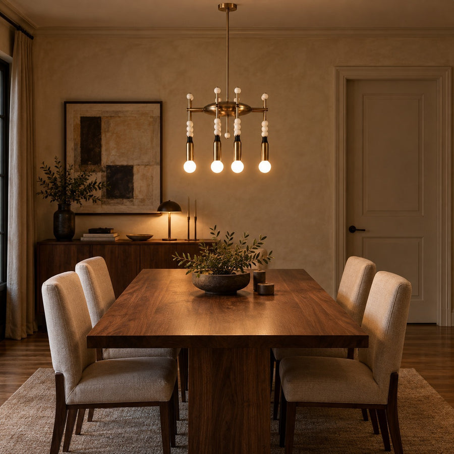 Modern 4-Light Sputnik Chandelier with Marble and Leather in a room