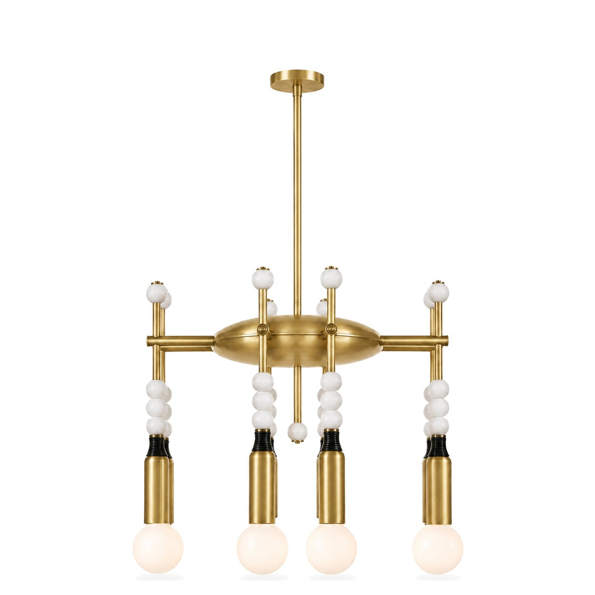 Modern 4-Light Sputnik Chandelier with Marble and Leather in brushed brass