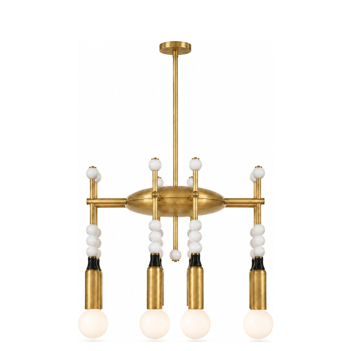 Modern 4-Light Sputnik Chandelier with Marble and Leather in raw brass