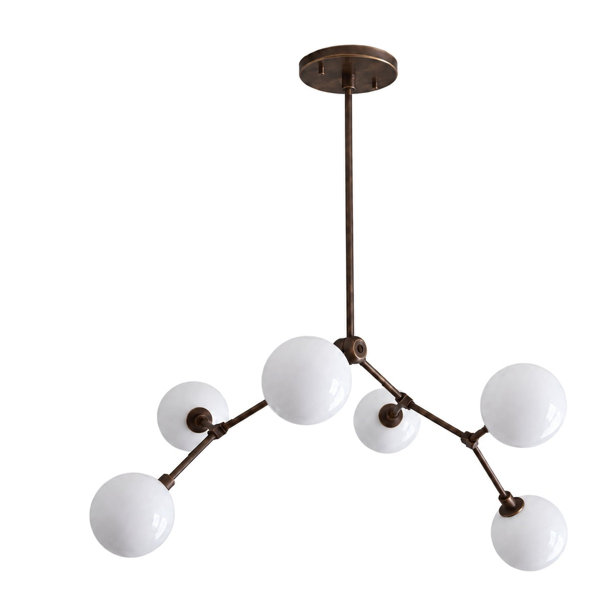 Modern Brass Chandelier with Hand-Blown Opal Glass Shades in blackened brass