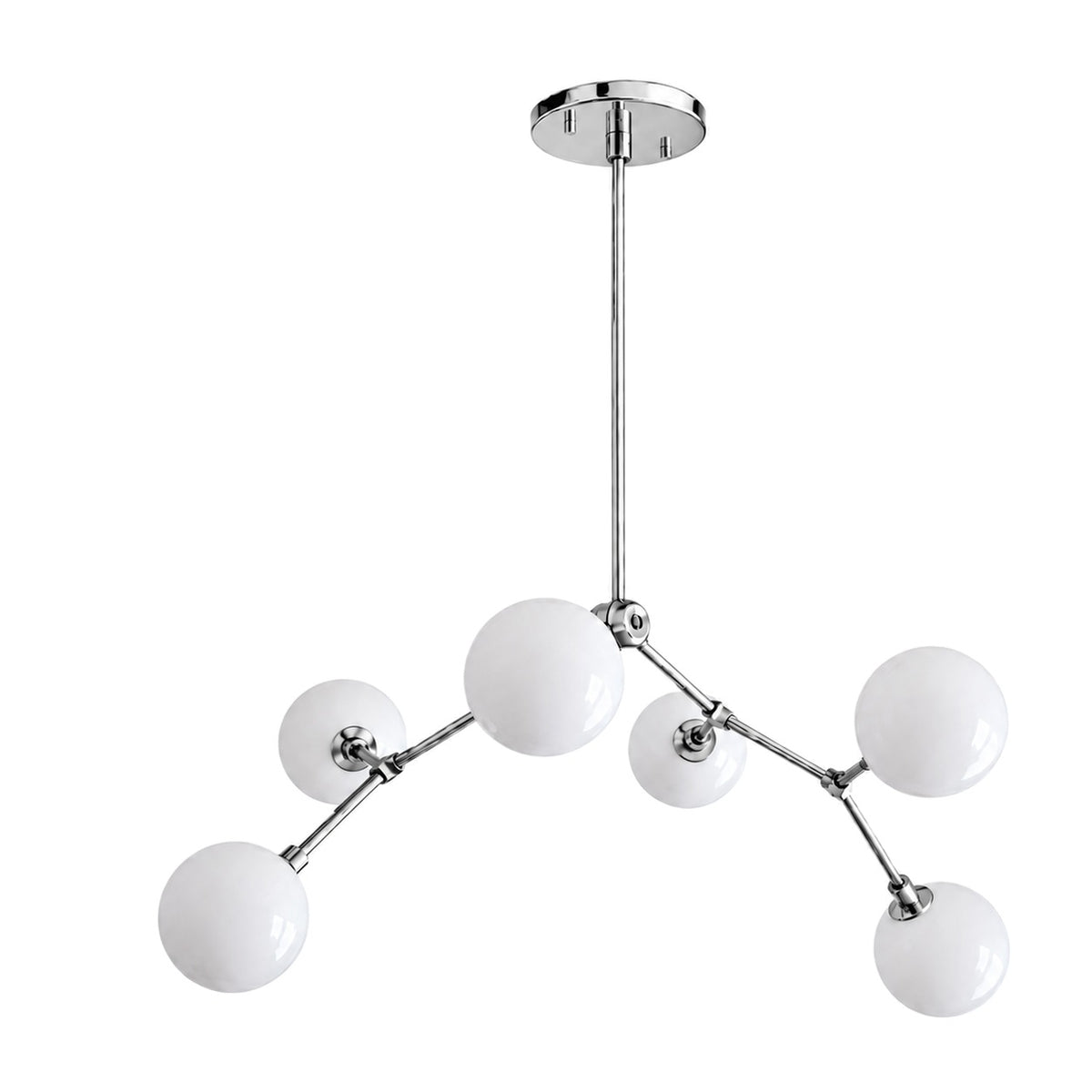 Modern Brass Chandelier with Hand-Blown Opal Glass Shades in polished chrome