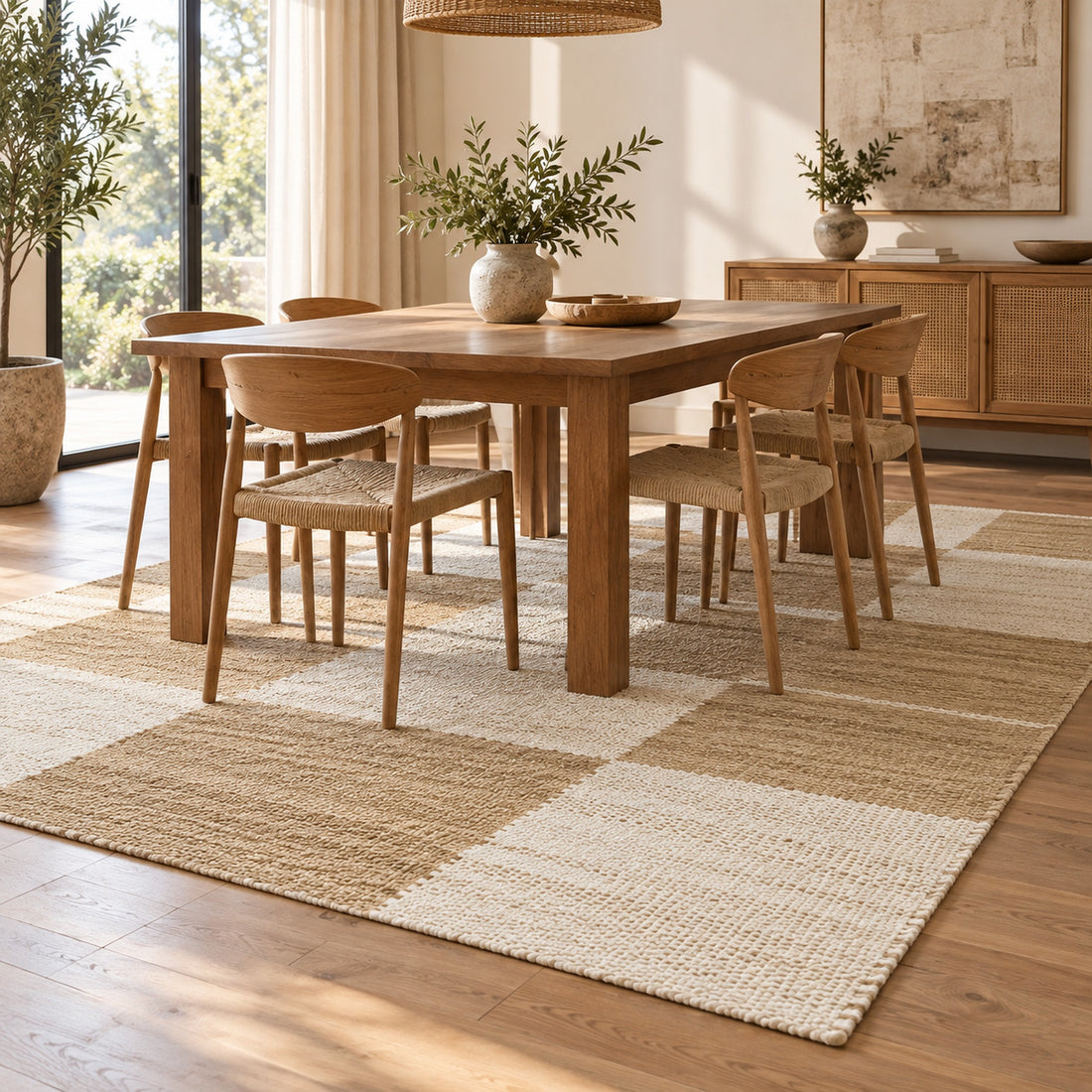 Modern Checkered Jute Area Rug - Perfect for Living Room & Bedroom, full view on a white background