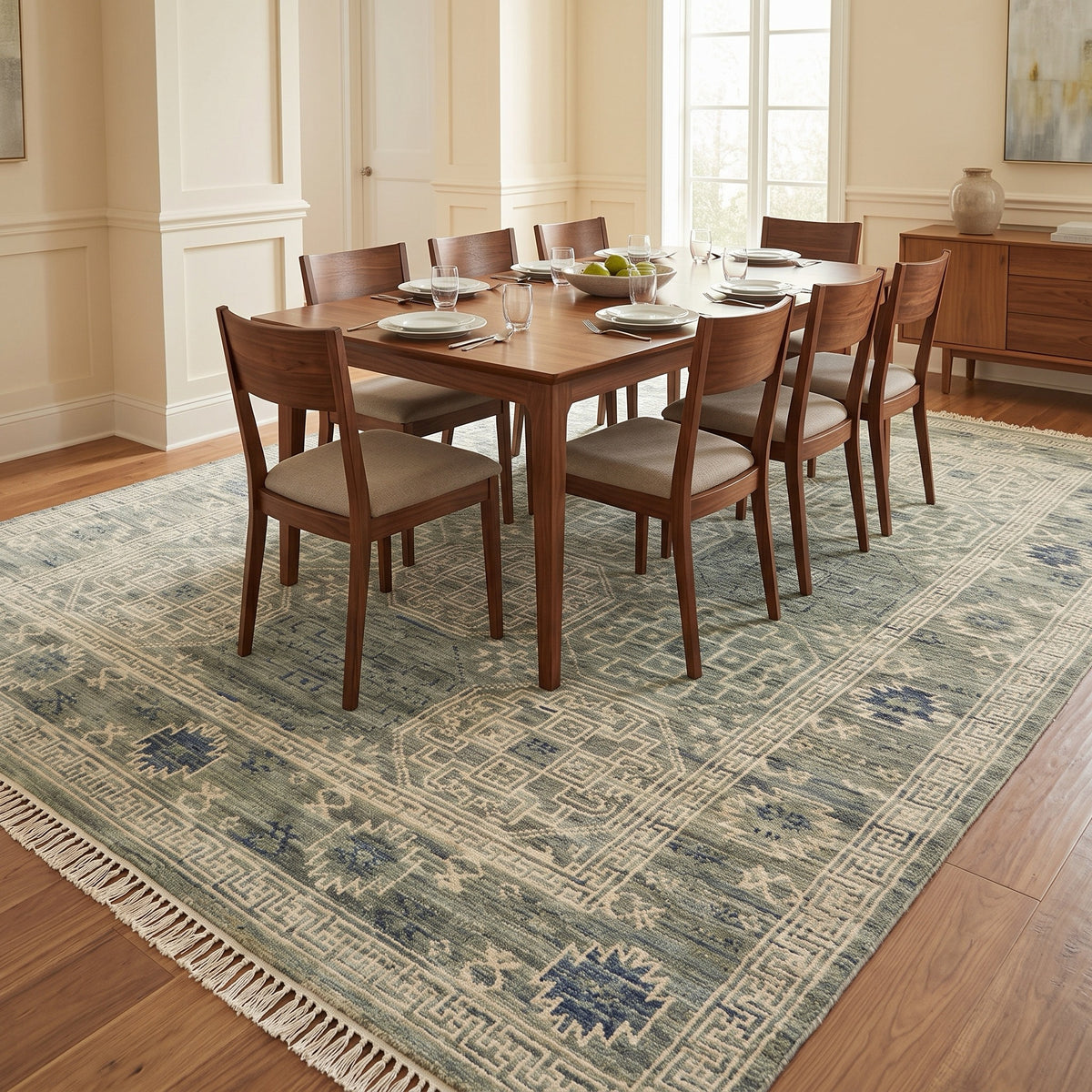 Modern Hand-Knotted Mamluk Royal Rug in a dining room