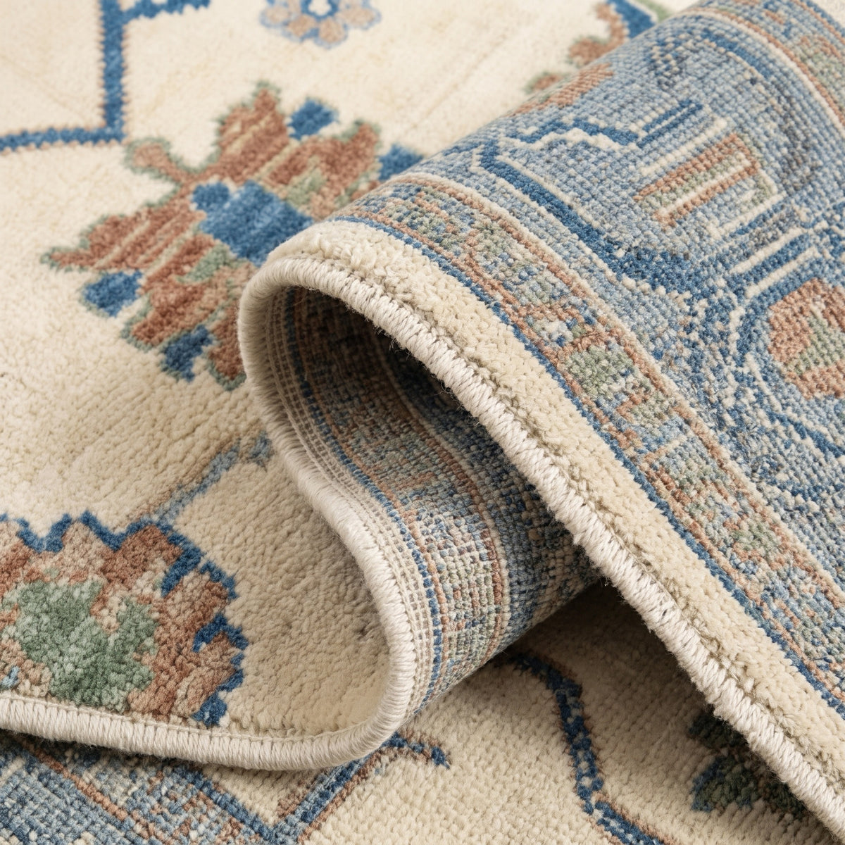 Modern Oushak Rug, folded corner showing the back