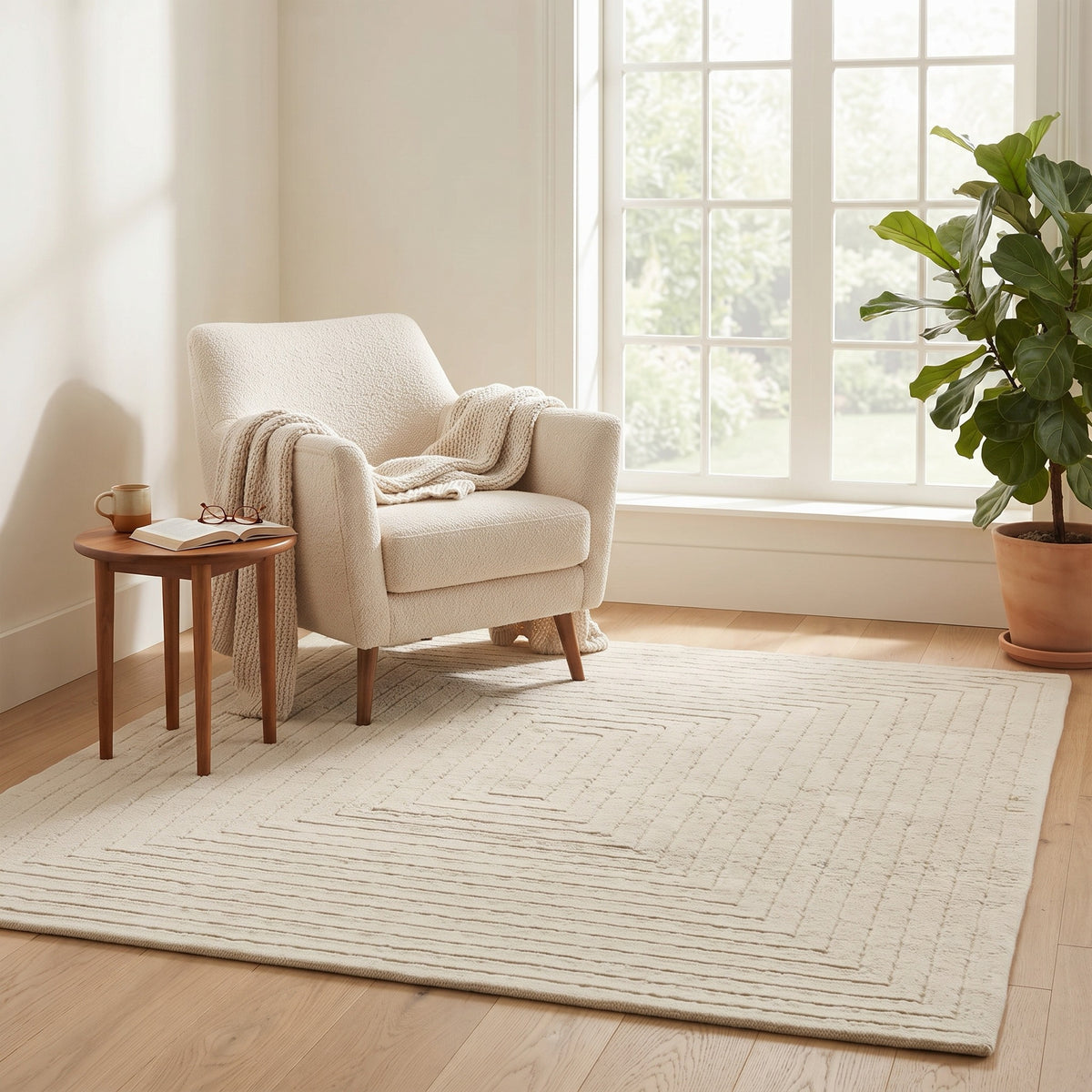 Monochrome Striped Rug in a reading nook