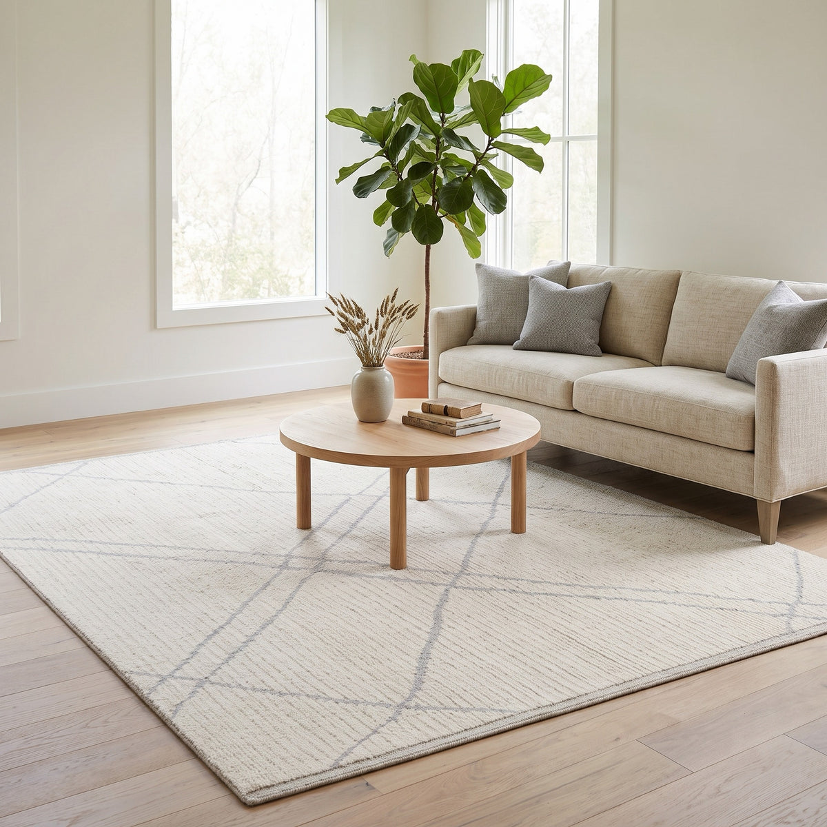 Moroccan Ribbed Grey Ivory Rug in a living room