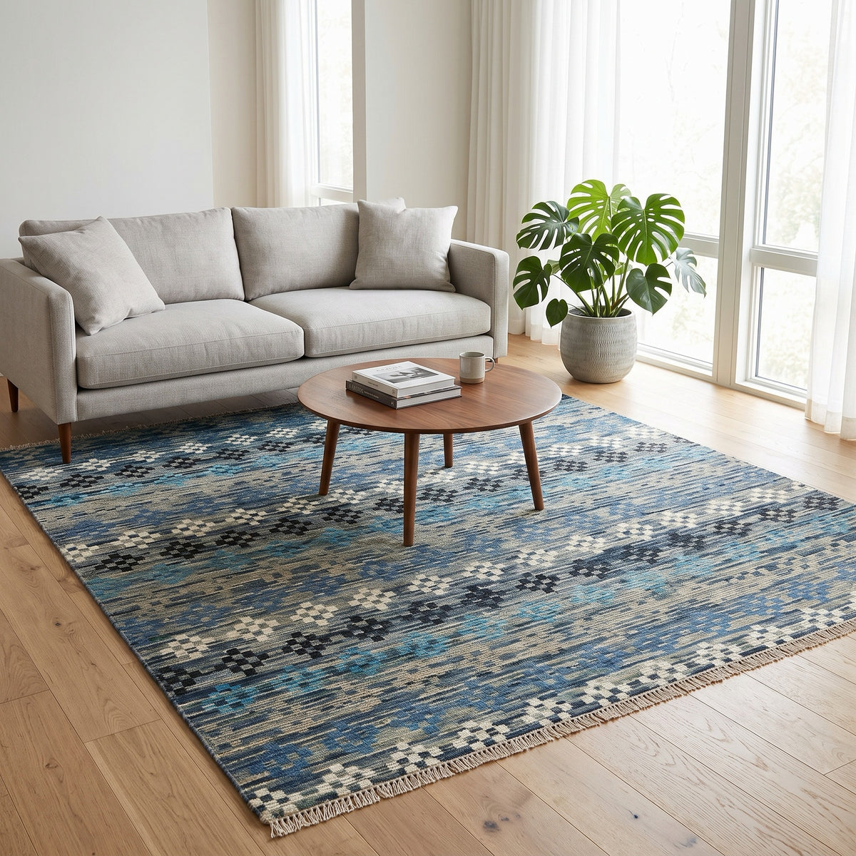 Multi Color Modern Contemporary Tribal Rug in a living room