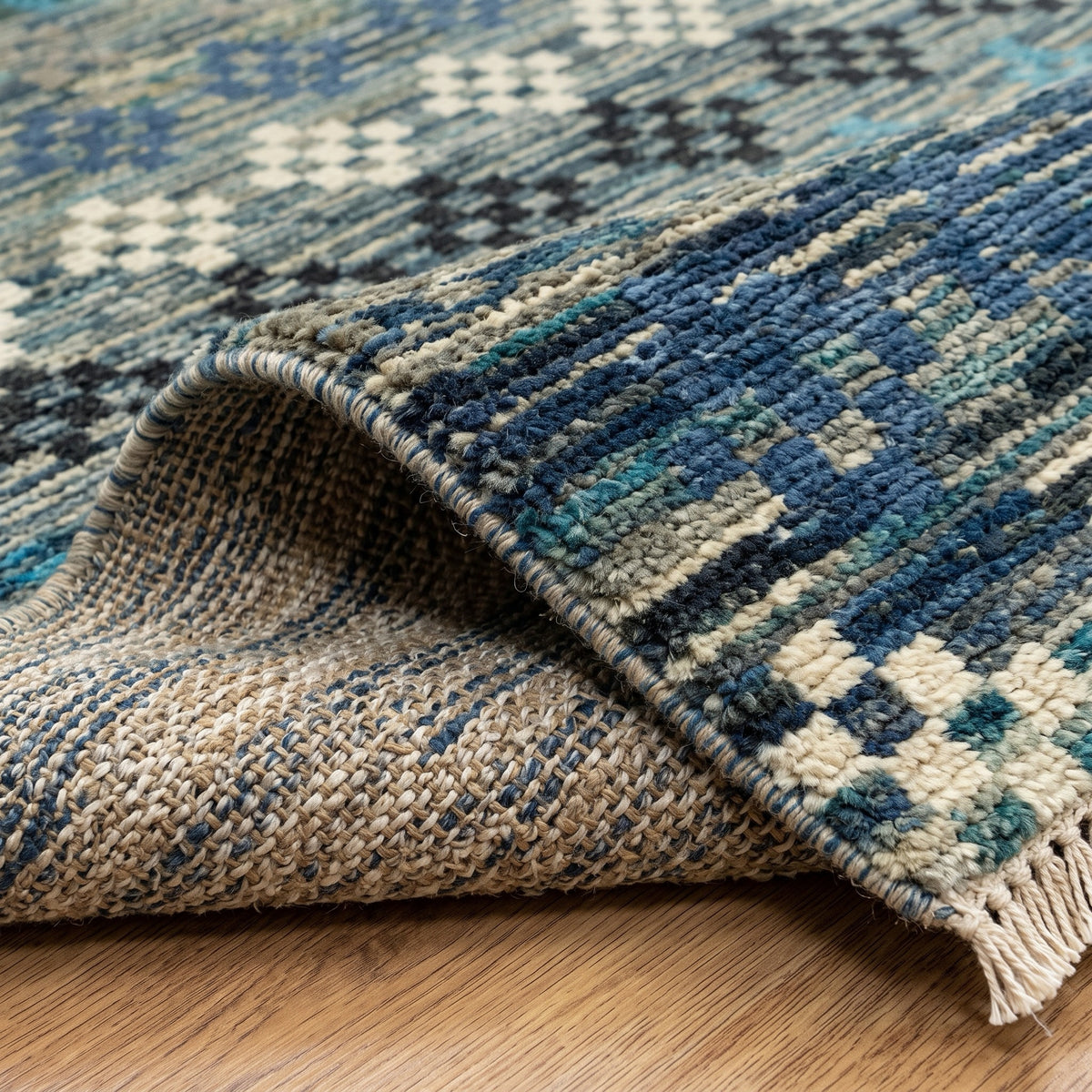 Multi Color Modern Contemporary Tribal Rug, folded corner showing the back