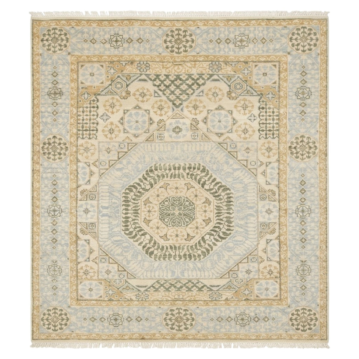 Muted Hand knotted Mamluk Design Rug, full view on a white background