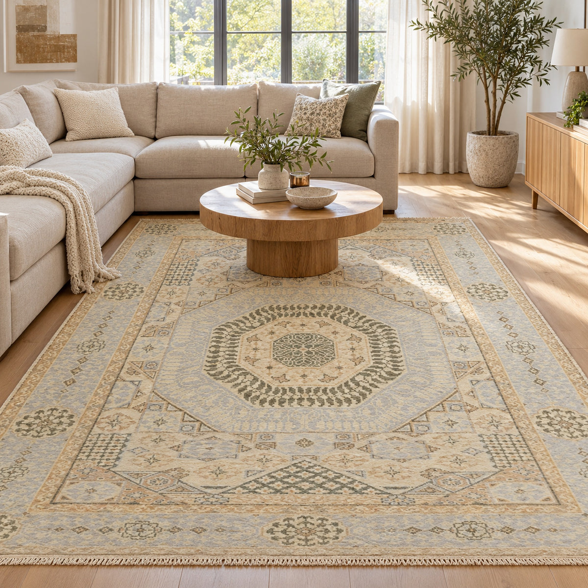 Muted Hand knotted Mamluk Design Rug in a living room