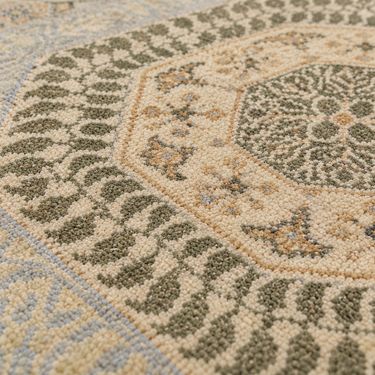 Muted Hand knotted Mamluk Design Rug, close up of the texture