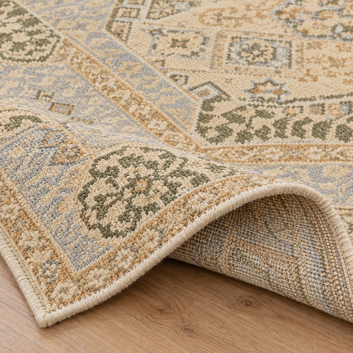 Muted Hand knotted Mamluk Design Rug, folded corner showing the back