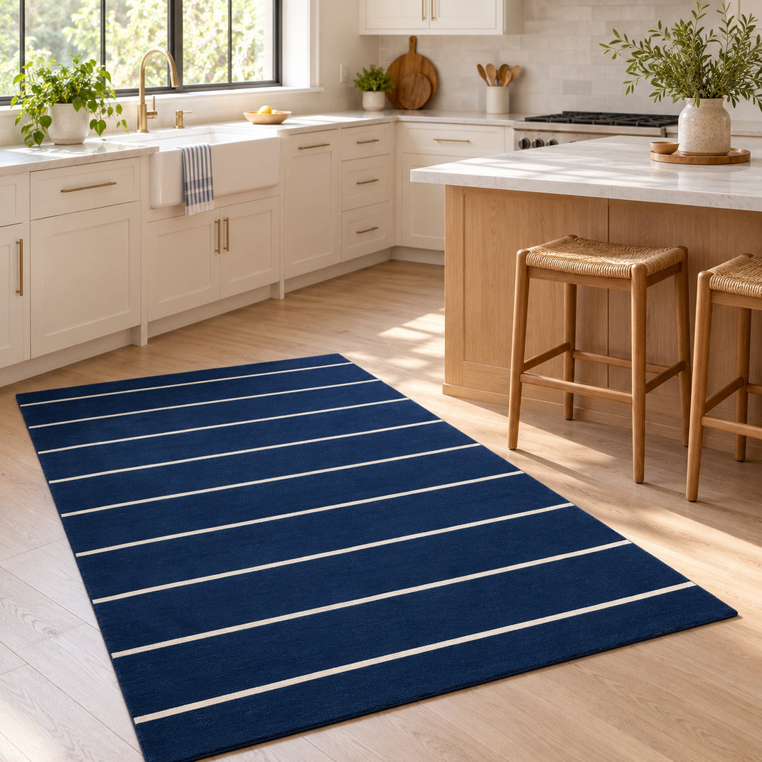 Navy Blue Hand Knotted Weave Dhurrie Rug, full view on a white background